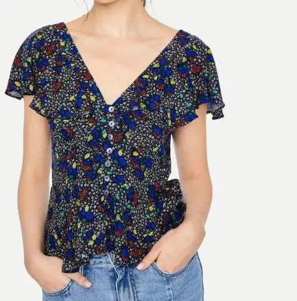 customized printed women tops fashion ruffles blouse button front adult tops