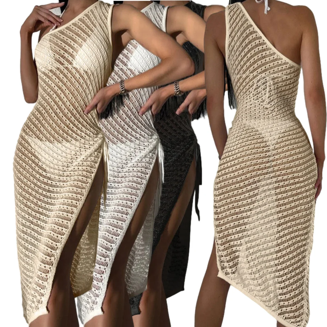 2024 Summer Womens Lingerie Sets Solid Color Sleeveless Sexy One Shoulder Hollow Out Bikini Side Split Crochet Cover Up Dresses