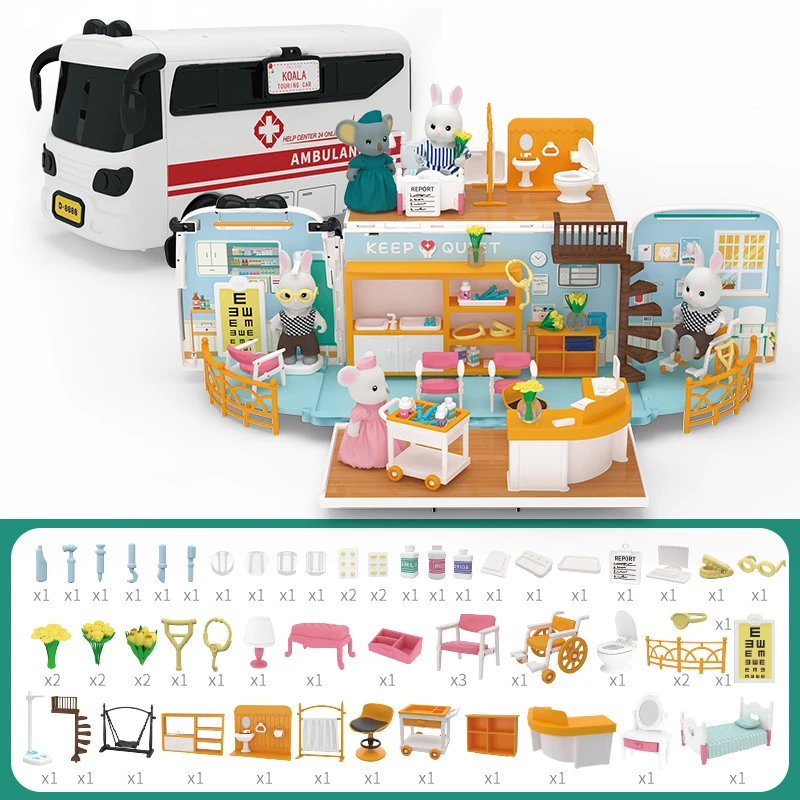 Miniature Dream Doll House Furniture Multi-functional Touring Bus Educational Toys Portable Pretend Play Set