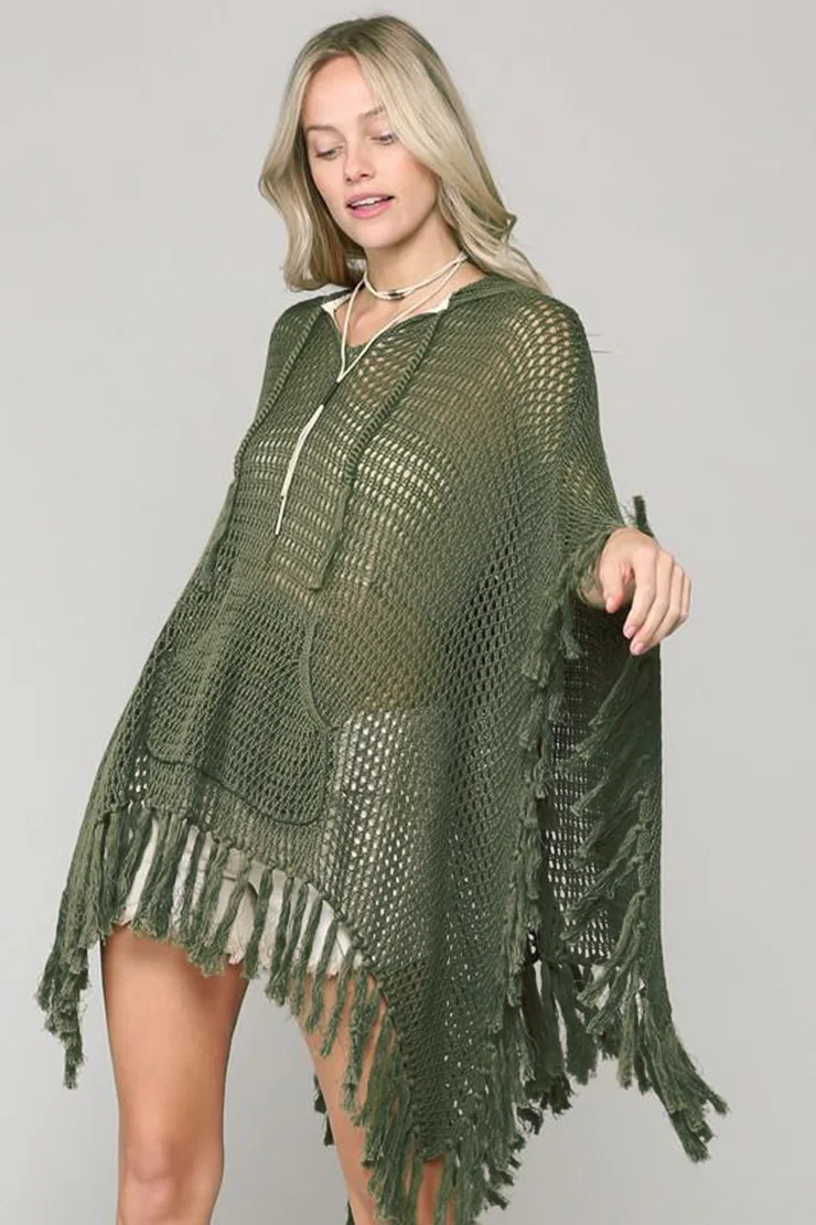 Women's Beach Cover Tassel Knitted Cover Ups Hooded Crochet Sweater Sexy Bikini Mesh Covers Bathing Suit Dress up Army Green