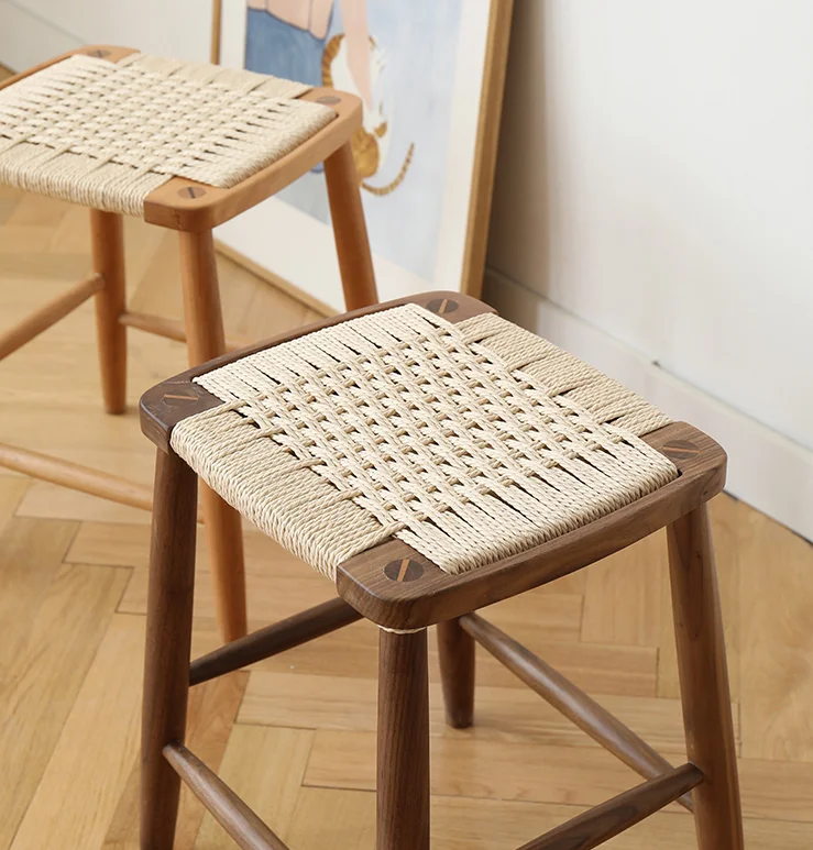 Modern Minimalist Nordic Bar High Stool Solid Wood Woven Rope Cafe Restaurant Stool For Events