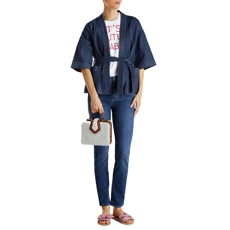 
Wholesale Stylish Open Front Denim Kimono Tops For Women 