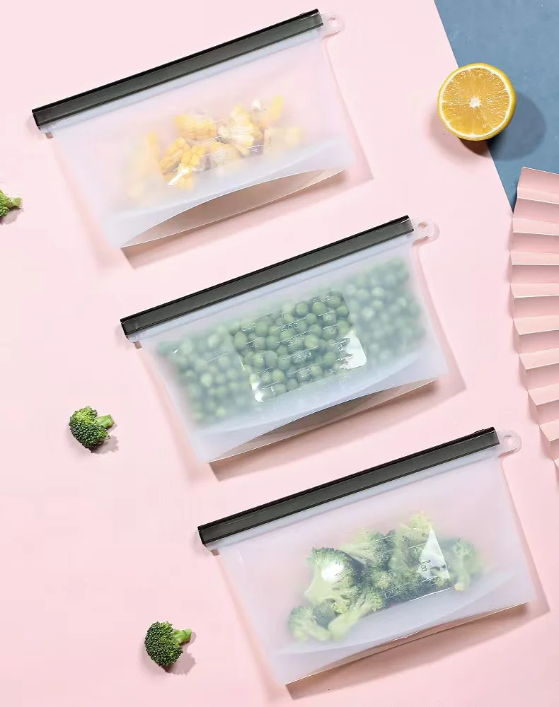 Reusable Dishwasher Safe Kitchen Freezer Keep Fresh Bag Leakproof Stand Up Silicone Food Storage Bags
