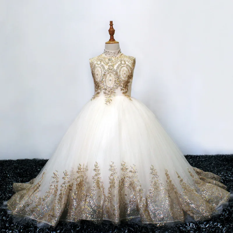 Wholesale Sleeveless Ivory Embroidery Ball Gown Party Princess Pageant Dress for Baby Girl