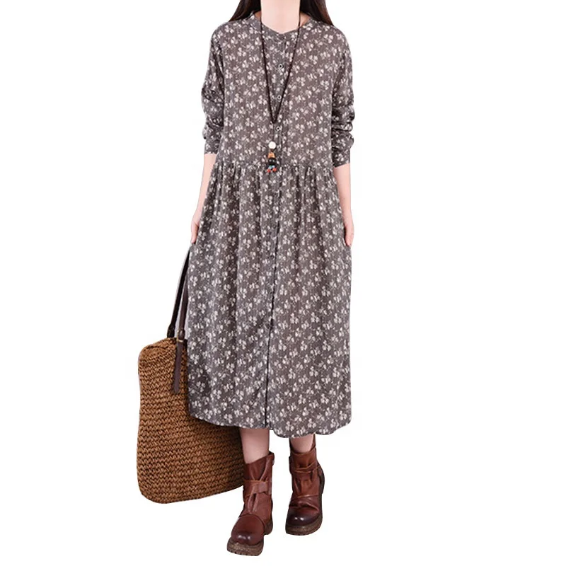2020 Wholesale casual printed skirt stand collar fashion long sleeve plus size women dress
