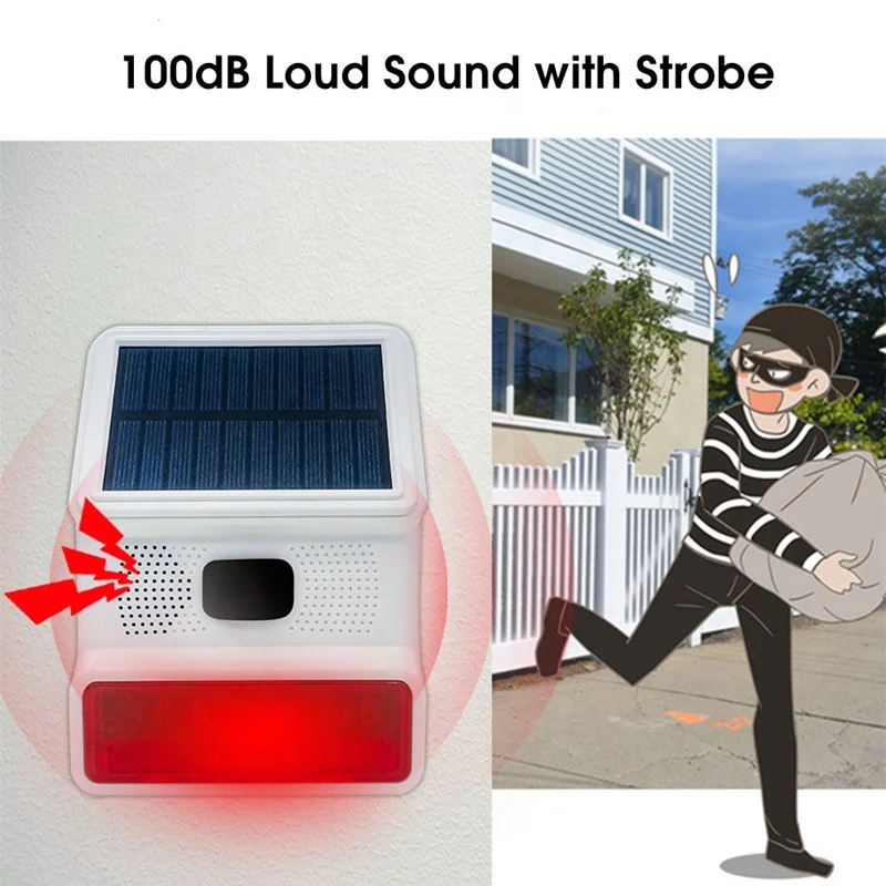 New Waterproof Outdoor Wireless Home Security Solar Alarm Siren with 100dB Loud Volume LED Flash Strobe