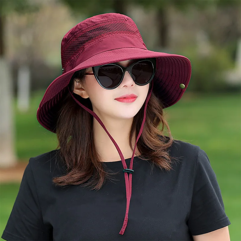 solid color summer sun hat uv protection bucket hat with windproof rope