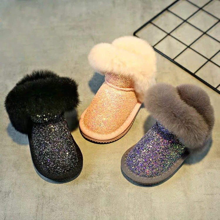 Classic High Quality Bling Bling Winter Warm Indoor Outdoor Flat Bottom Kids Boots