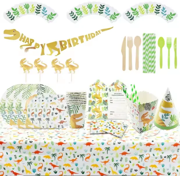 Dinosaur Boy Birthday Party Disposable tableware set Paper Plates Napkins Cups hats boxes Tablecloth card cupcakes toppers flags