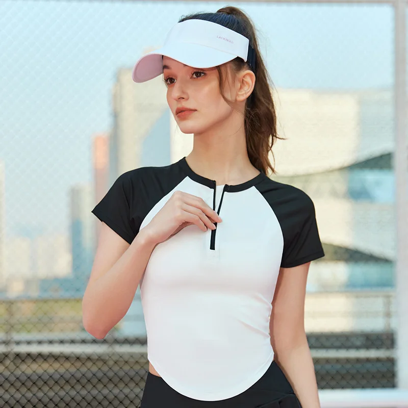 Woman Shirt Short Sleeve Yoga Color Blocking Round Collar Half Zipper Irregular Curve Bottom Top Golf Tennis Ball Sports Shirts