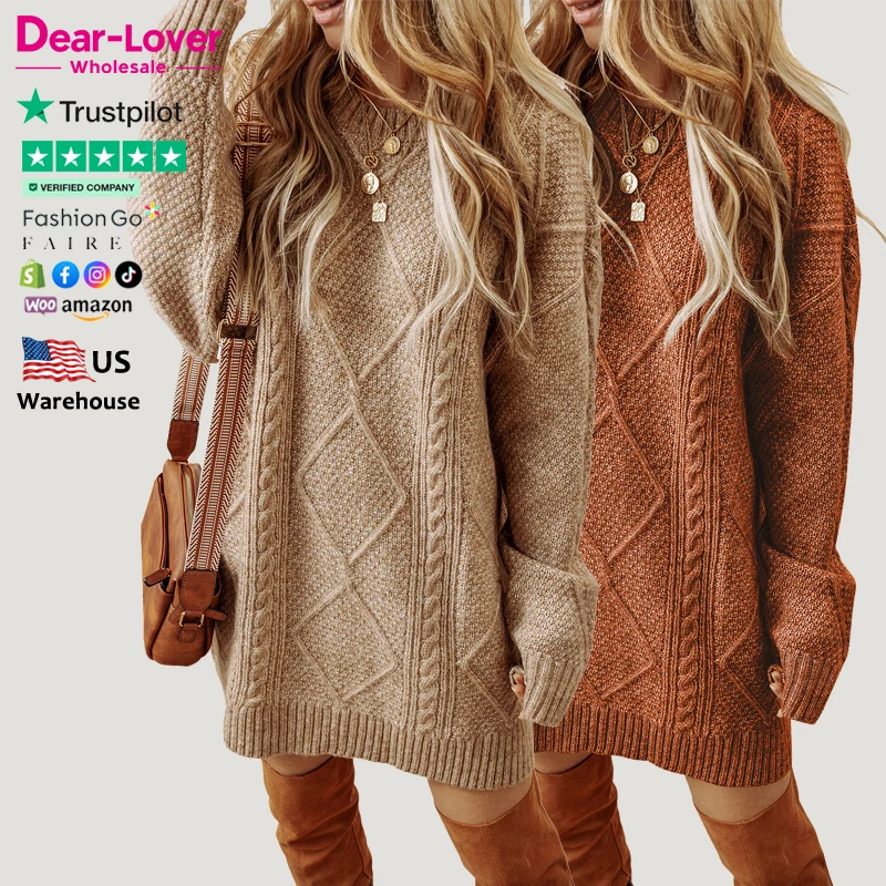 Dear-Lover Wholesale Women Clothing Ladies Oversized Sweater Cable Knit Drop Shoulder Loose Fit Sweater Dress