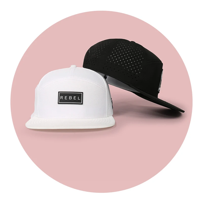 BSCI Oem Custom 7 Panel Flat Brim Rubber Patch Logo Snap Back Gorras Perforated Laser Cut Hole Hip Hop Snapback Cap Hat