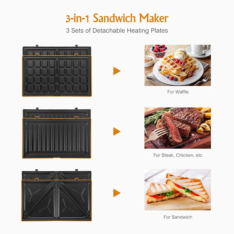 Hot Sale Household Non Stick Coating Plate Bread Toaster Multifunctional Waffle Maker Sandwich Maker 3 In 1  With Custom Logo