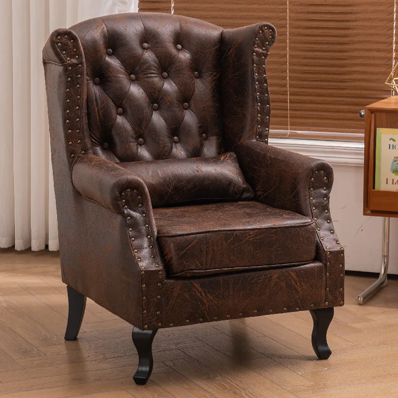Wood Chesterfield Armchair Living Room Queen Anne High Back Wing Chair Linen Single Sofa Chair