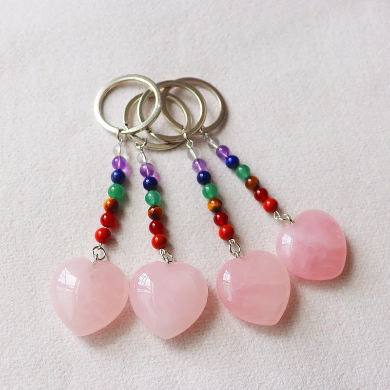Wholesale raw crystal heart keychain rose quartz Personalized Heart-shaped Crystal Key chains