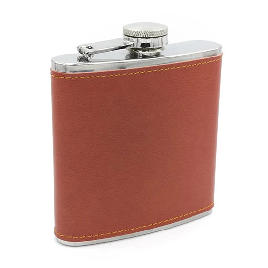 
PU Brown Color Leather 6oz Liquor Hip Flask For Wedding Groomsman Present Gift 