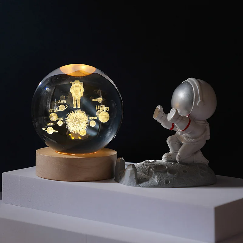 2024 New Creative Desktop Decoration LED Crystal Ball Rechargeable Night Light Touch Power Generation Modern Wooden Bedroom