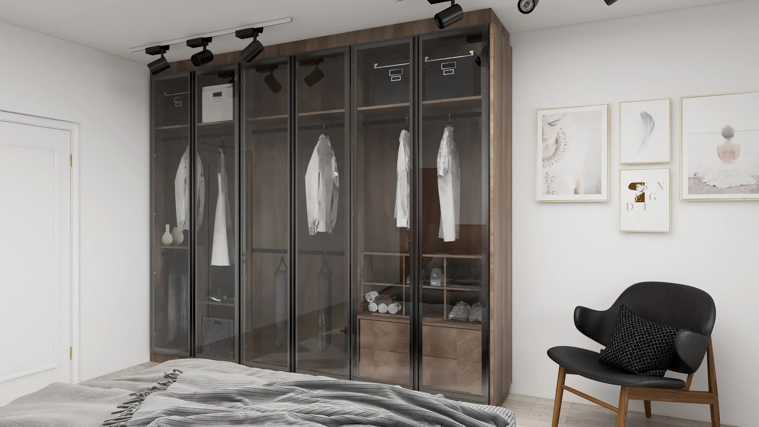 New Modern Luxury LED Light Bedroom Furniture Closet Glass Open Doors Walk In Wardrobe Design