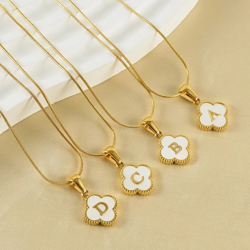 Alphabet Initial Mother of Pearl 18k Gold Plated Stainless Steel Jewelry Fashionable Four Leaf Clover Pendant Necklace For women