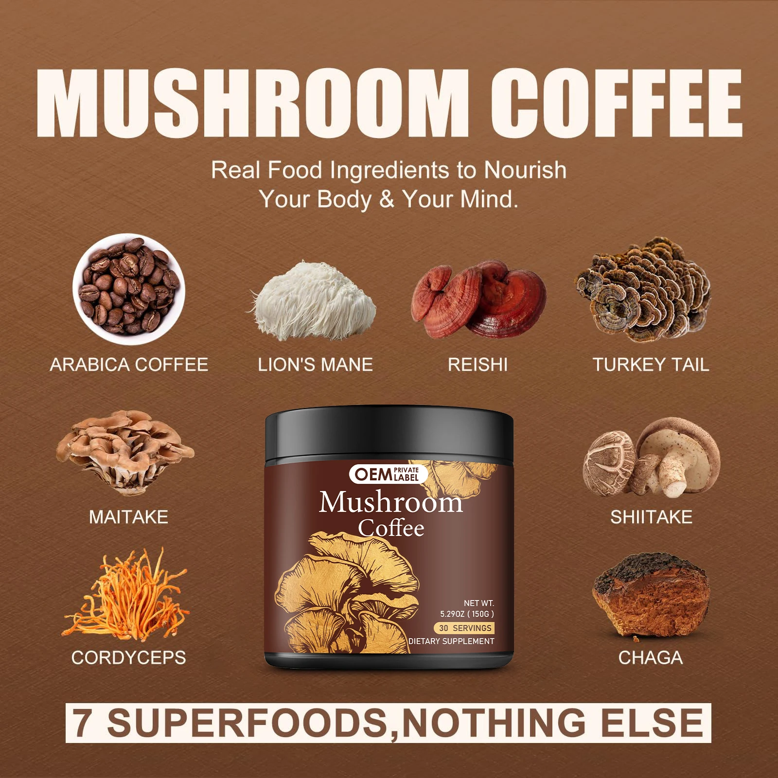Private Label Mushroom Coffee Organic Instant Coffee MCT Oil Cordyceps Lions Mane Turkey Tail 10 Mushroom Complex Powder