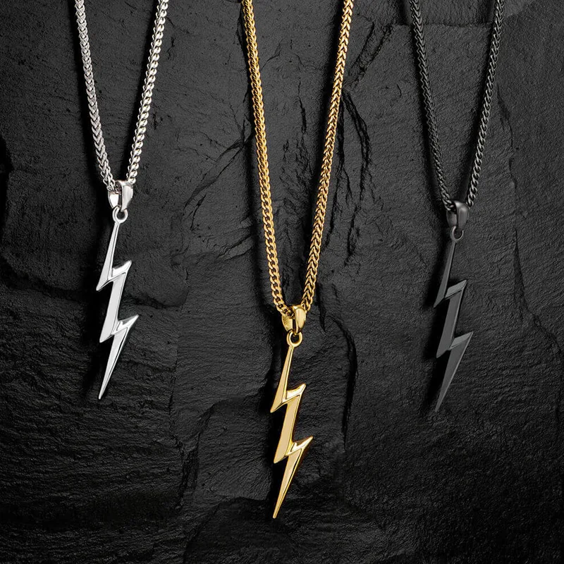 Personalized Fashion Hip-hop Thunderbolt Pendants Men Jewelry Silver Gold Black Stainless Steel Thunder Lightning Bolt Necklace