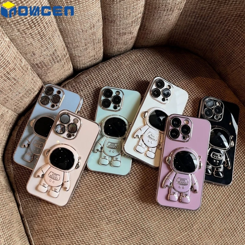 Astronaut Invisible Stand Case For 11 12 13 14 Pro Max Series/Shockproof Multicolor Metal Plating Phone Cover with Phone holder
