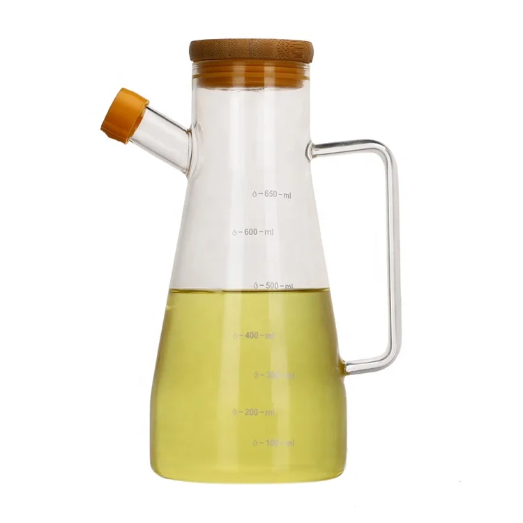 Eco-friendly kitchen glass cooking olive oil bottle with bamboo lid and handle