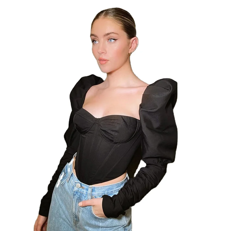 2021 fall women clothing slash neck women tops fashionable women cotton puff sleeve blouse corset top