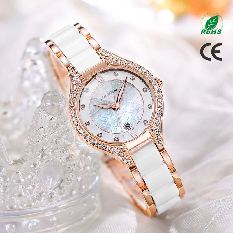 SINOBI Fancy Watch for Ladies S9857L Ceramic Alloy Rosy Strap Delicate Pearl Dial Lady Analog Bezel Iced Out Quartz Watches