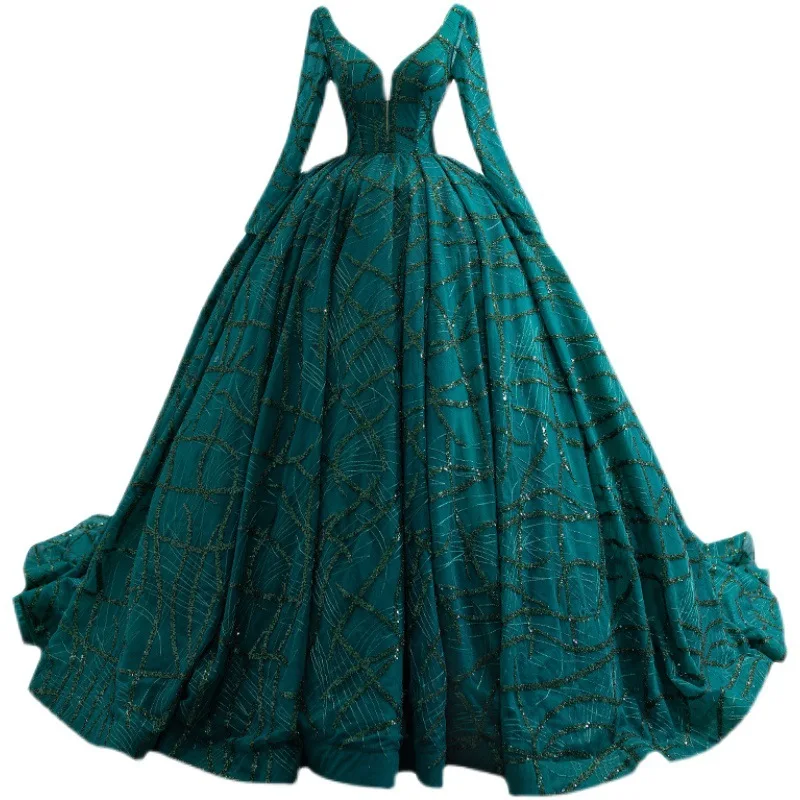 2024 Long sleeve Dark Green Ball Gown Prom Evening Birthday Party Dress Graduation Gown Beaded Lace Applique Wedding Dress