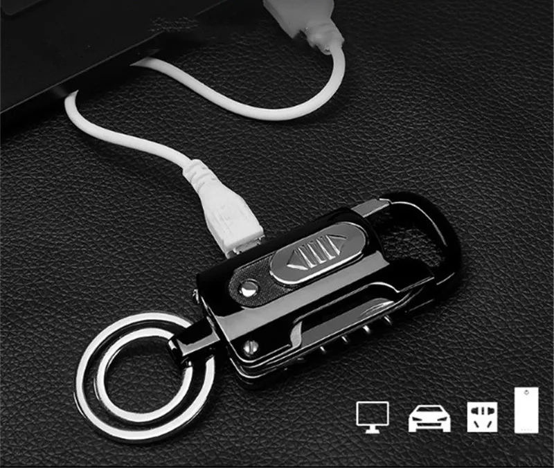Multi-function Keychain Charging Lighter Belt Unsealing Knife Bottle Opening File Flashlight Pendant Lighter Metal Keychain