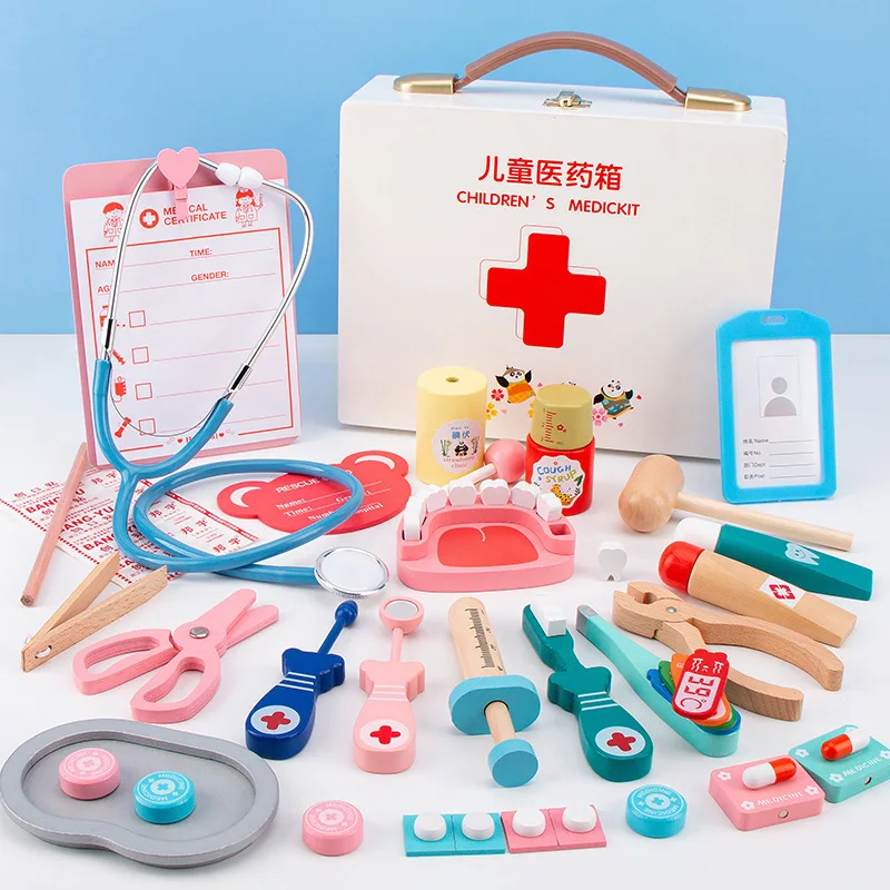 Medical toy box dentist injection medicine kit Wooden simulation play house almighty doctor nurse toy