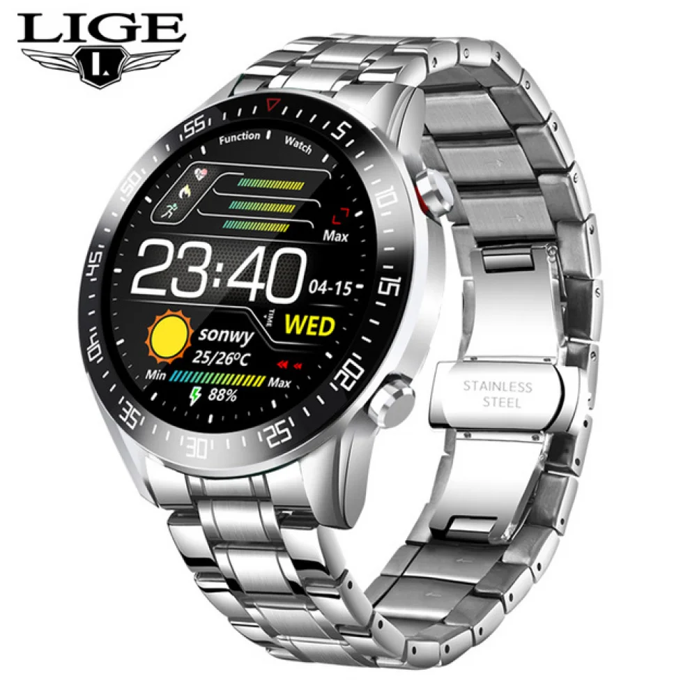 LIGE New Steel Band Smart Watch Men Heart Rate IP68 Waterproof Touch Screen Luxury Smart Watch 2021