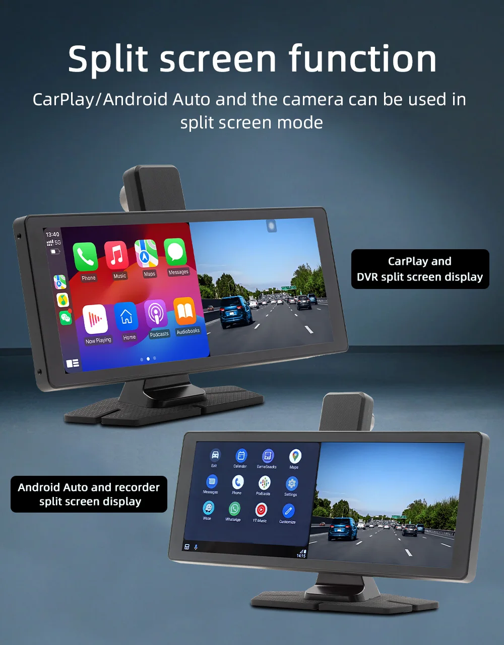 BQCC 10.26' Portable Car Player Driving Recorder 1080P 2K 4K Rear View Camera Wireless Carplay Android Car Split Screen Display