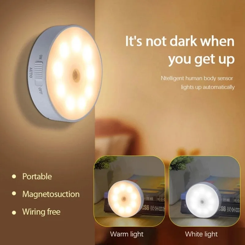 USB Rechargeable LED PIR Motion Sensor Wireless Night Light for Bedroom