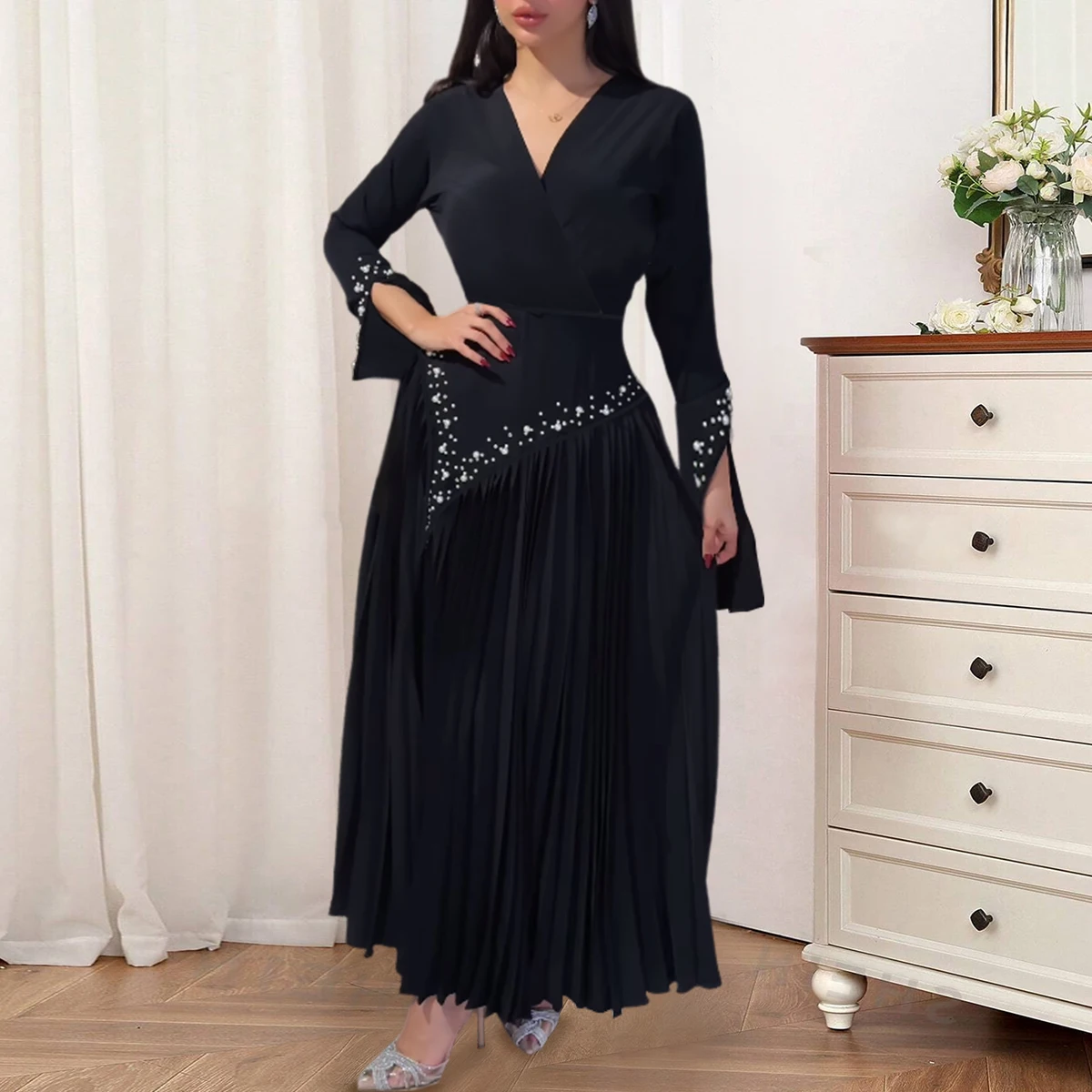 A Line Full Bell Sleeve Beads Pleat Long Evening Black Dress for Funeral
