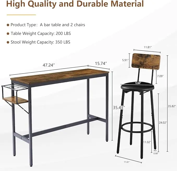 Bar Table and Chairs With Collapsible Bottle Holder for Kitchen Apartment Small Space