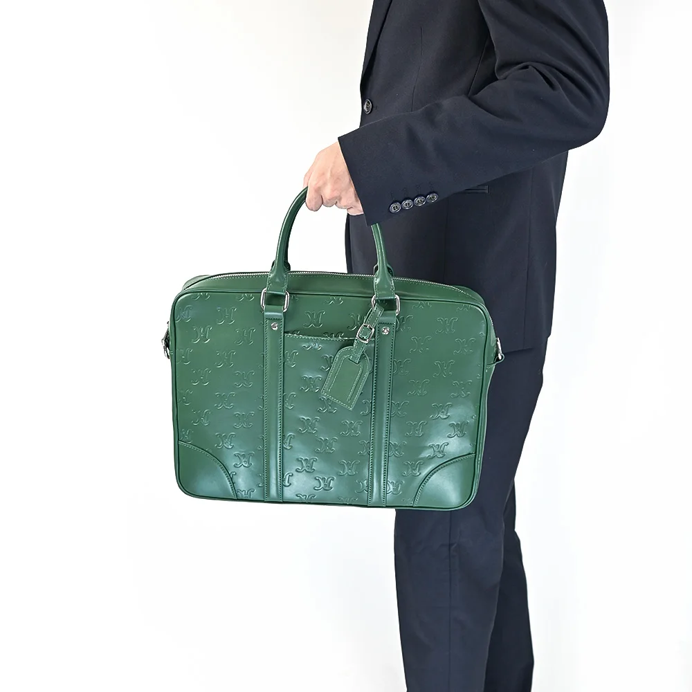 Custom full embossed logo men office laptop bags green pu faux vegan leather briefcases for lawyer