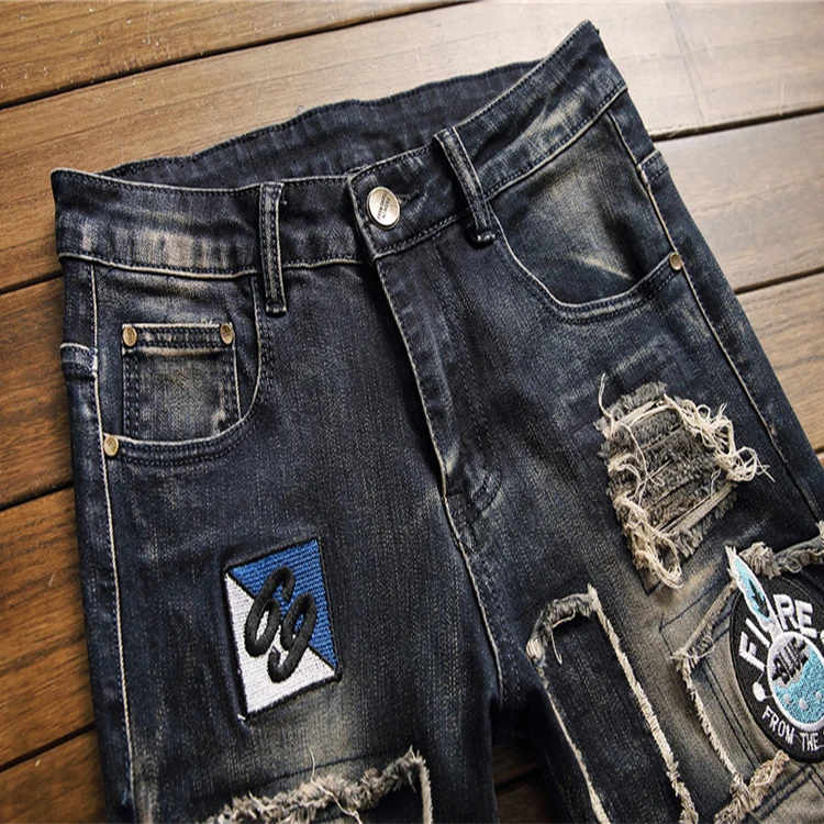  Мужские джинсы с вышивкой сильный узор эластичные штаны