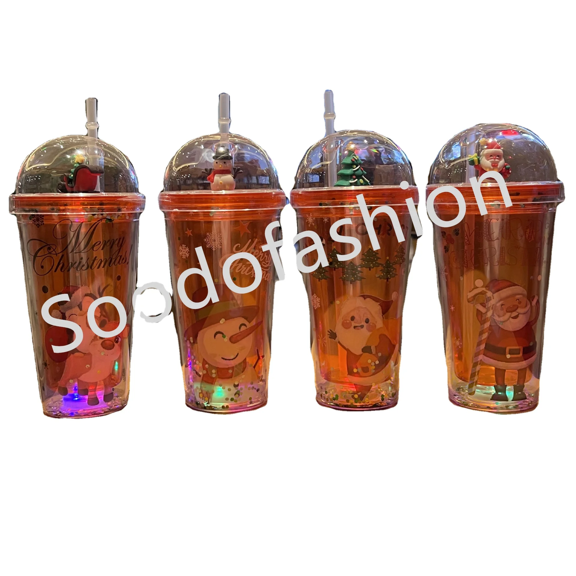 Wholesale New Christmas double layer plastic crushed ice cup creative Large cartoon drinking tumbler with straw and light