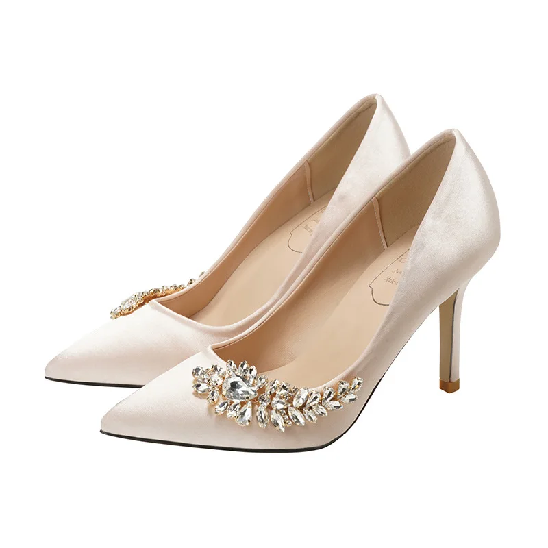 Custom small and large size pointed toe pumps pyramid low heel rhinestones wedding shoes for bride white