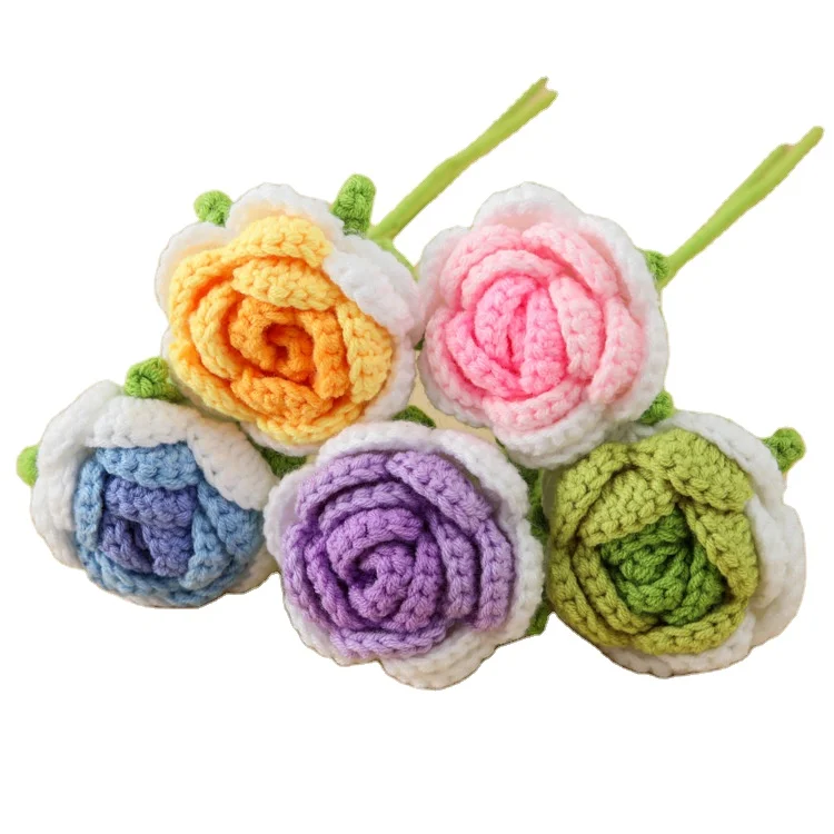 Colorful INS Artificial Mini Decor Top Flowers Shape Pattern Trim Poppy Decorative Green   Knitted Crochet Flower Patch Rose