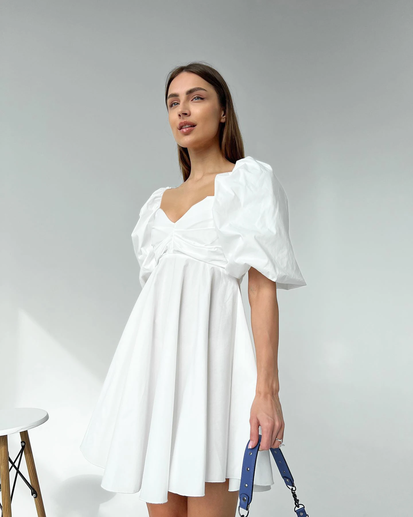 OOTN 2022 Lady Women Elegant Pleated Casual Party Prom Dresses Puff Sleeve Square Neck A-Line Mini Dress Summer Sexy White Dress