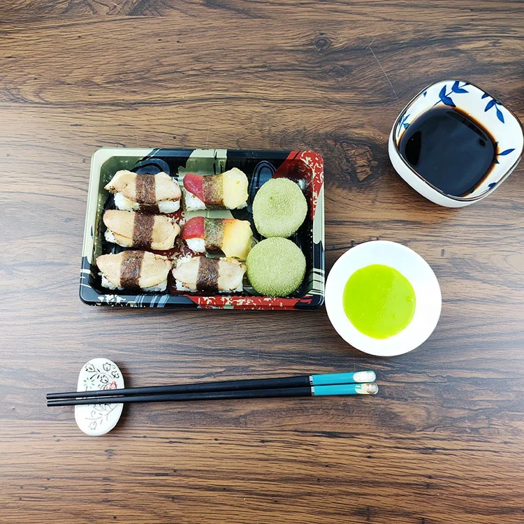 Customized Food Grade PET Material Food Storage Skin Pack Tray Disposable Plastic Sushi Container with Lids