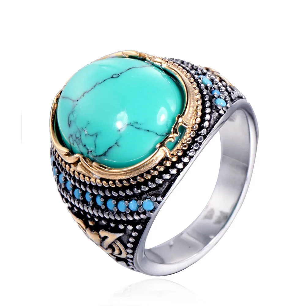 
Hot Sale Fasion Jewellery Titanium Steel Ring Personality Punk Retro Turquoise Ring For Men 