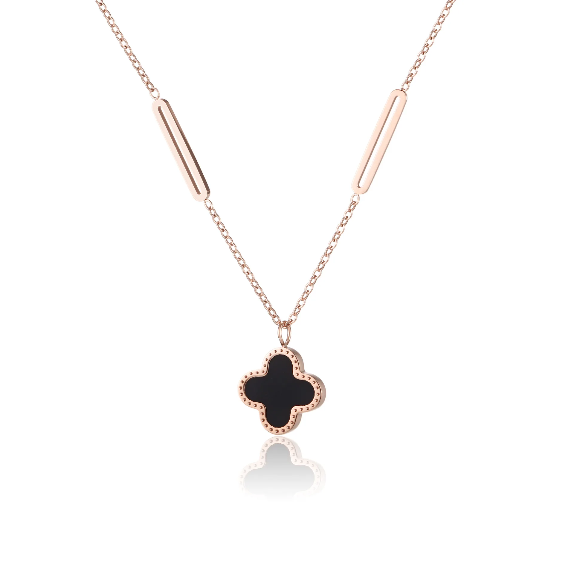 Stainless Steel Black And White Shell Clover Rose Gold Plated Necklace
