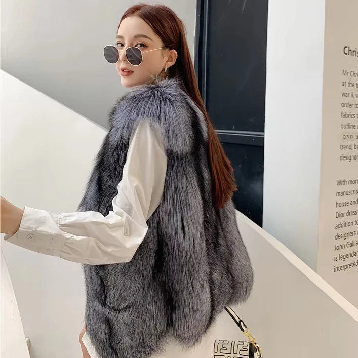 Whole Real Fur Gilet Ladies Natural Silver Fox Fur Vest for Women Furry Fur Waistcoat Winter