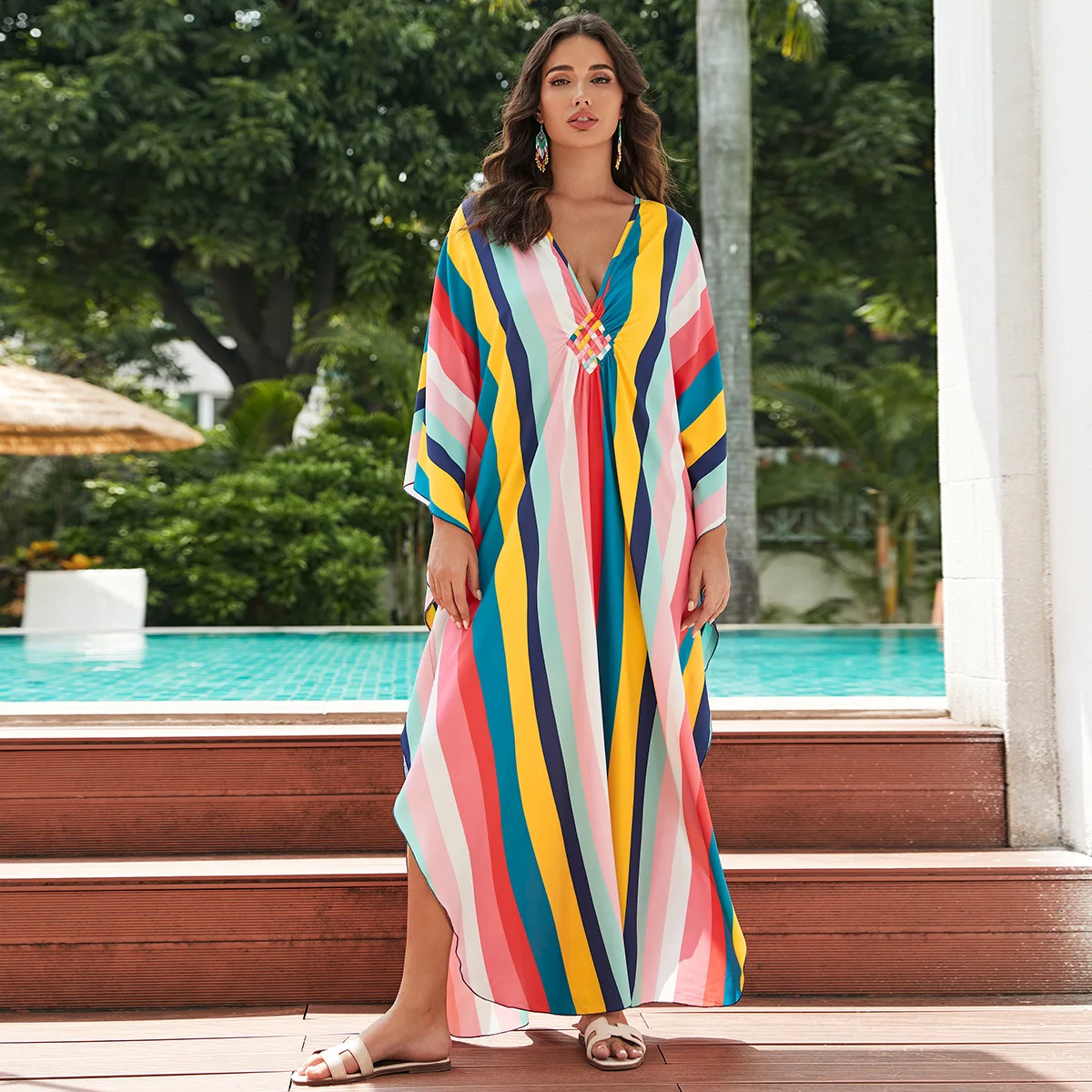 Wholesale 22colors Oem Beachwear Elegant Print Maxi Kaftan Kimono Women Casual Long Beach Cover Ups Hawaiian Dresses