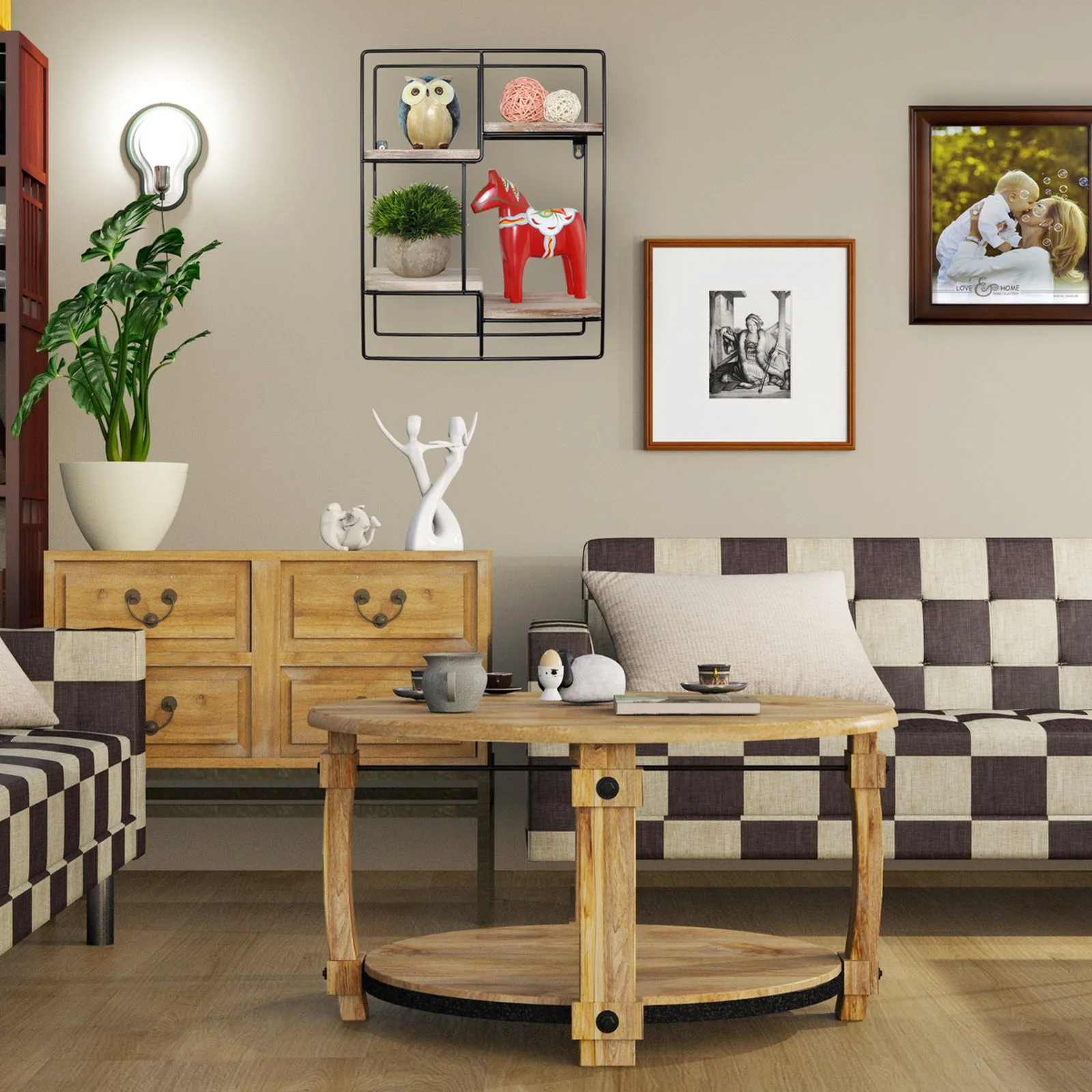 Wall Mounted Rustic Metal wire wood floating shelf