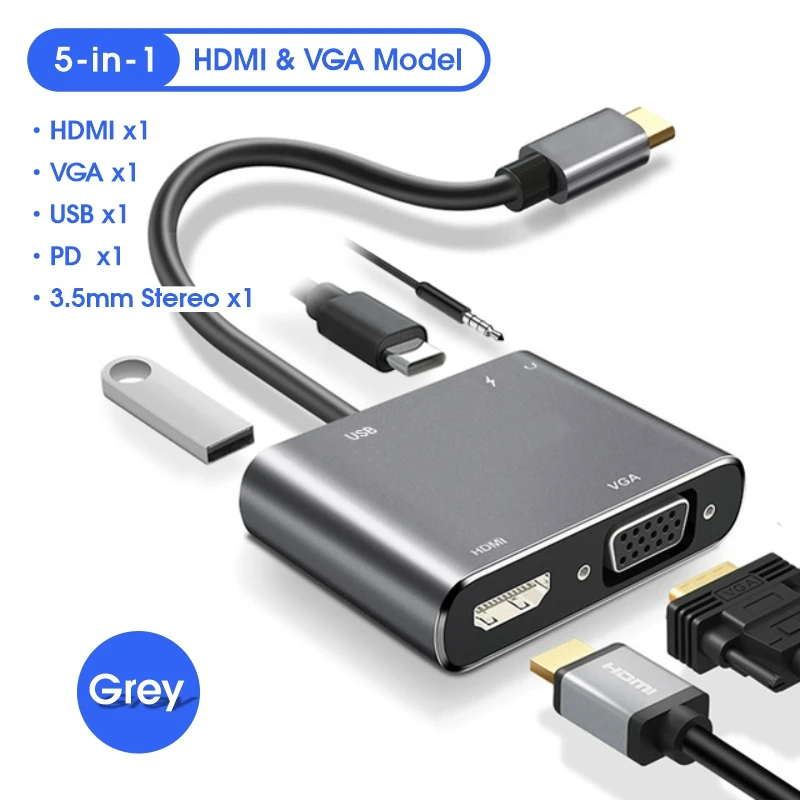 FARSINCE Type C 5 in 1 hub USB C to HDMI VGA 3.5mm audio USB 3.0 PD charging 5 in 1 Hub adapter